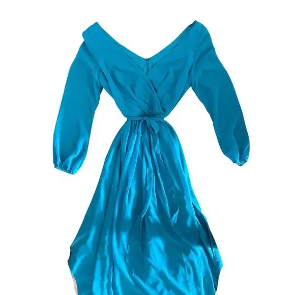 Celebrate DB Studio Teal Chiffon Long Sleeve V-Neck Dress SZ 14 Bridesmaid Gown - Picture 6 of 13